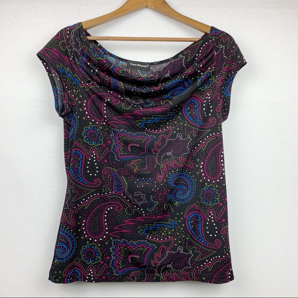 Travel Elements Scoop Cowl Neck Bright Paisley Top